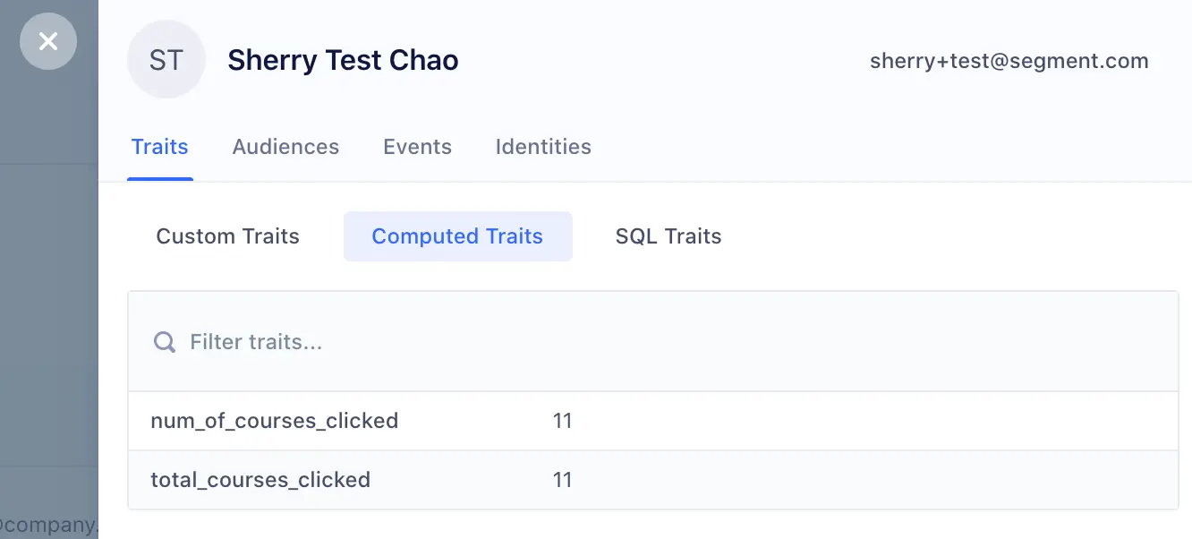 Segment Traits page showing Computed Traits num_of_courses_clicked and total_courses_clicked with value 11.