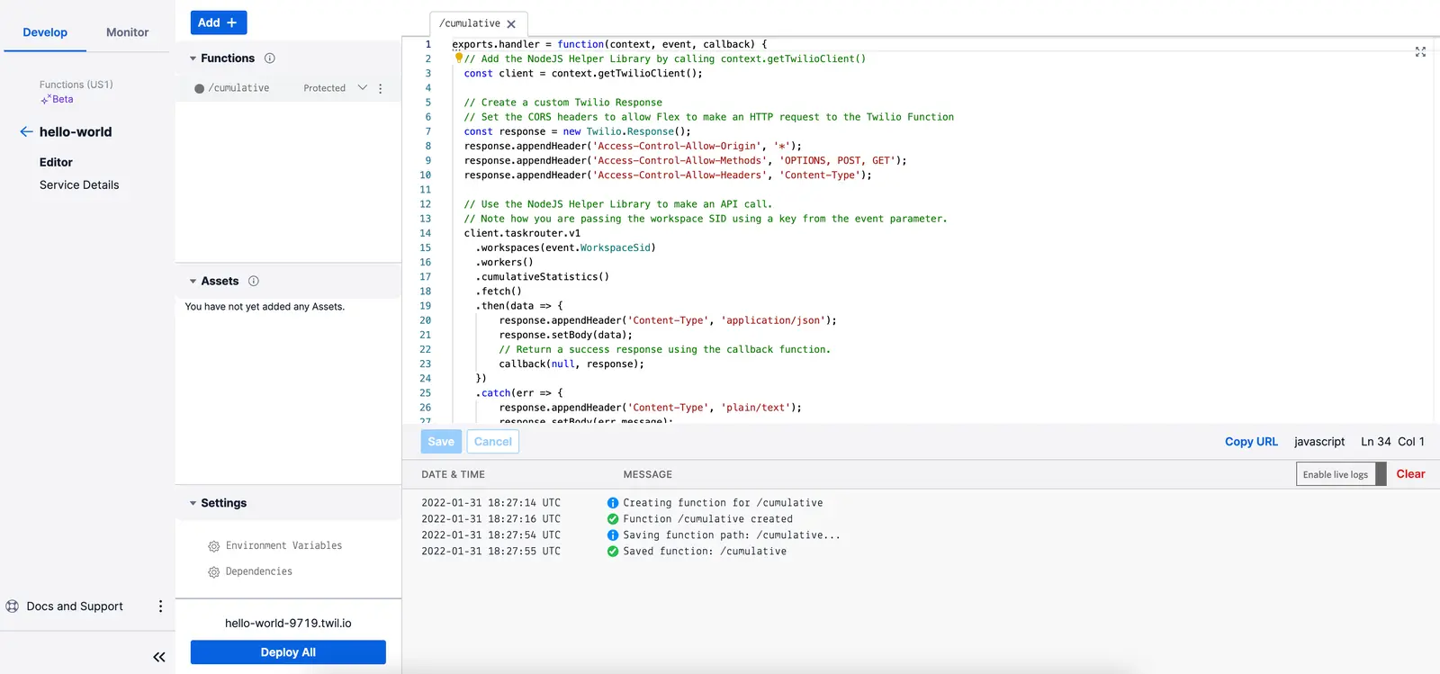 Twilio function code for cumulative statistics with Node.js helper library and CORS headers.
