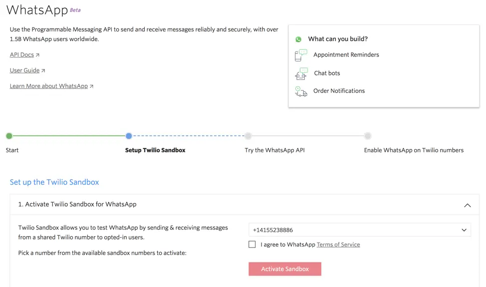 Twilio Sandbox setup for WhatsApp with number selection and activation button.