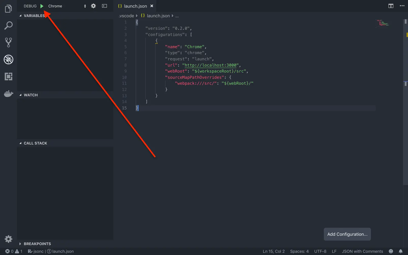 VSCode debugger panel with launch.json configuration for Chrome.