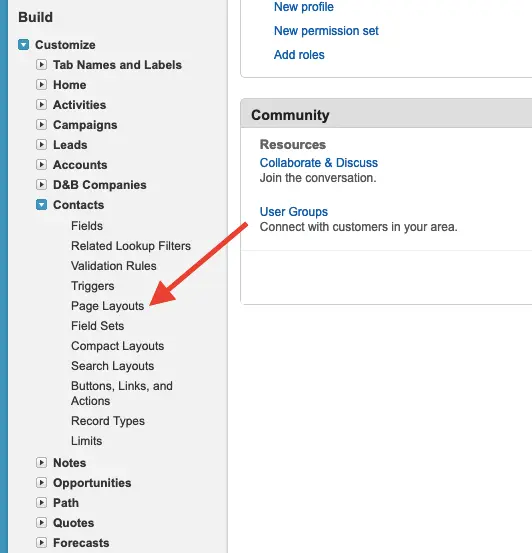 Salesforce setup menu with arrow pointing to Page Layouts under Contacts.