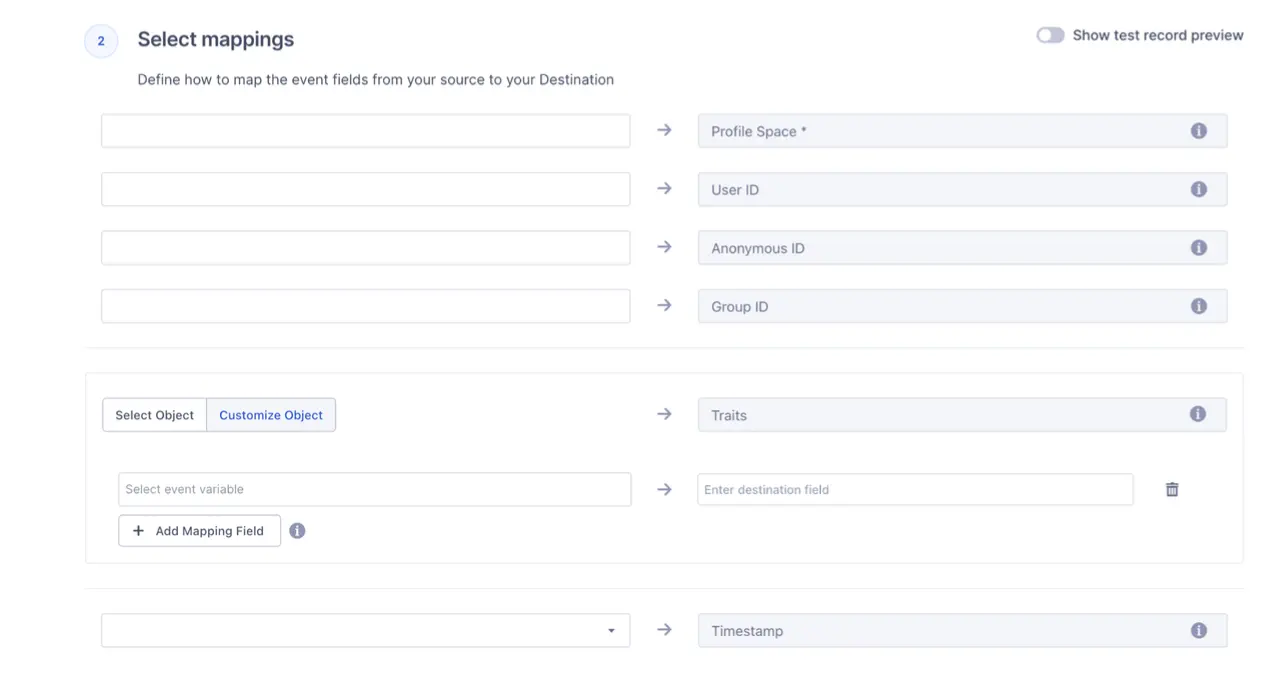 The Select Mappings interface in Segment, showing fields for mapping event data from a source to a destination.