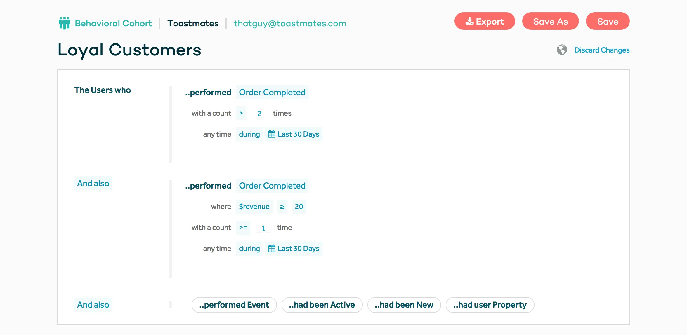 Amplitude segment showing users who spent over $20 and ordered more than twice in 30 days.