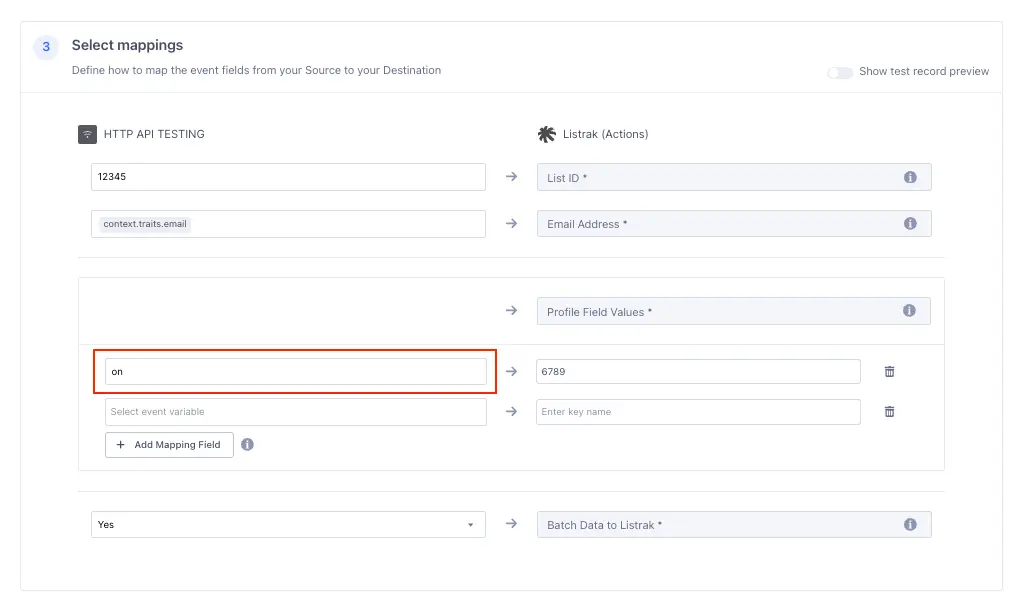 Mapping fields from HTTP API to Listrak with profile field values highlighted.