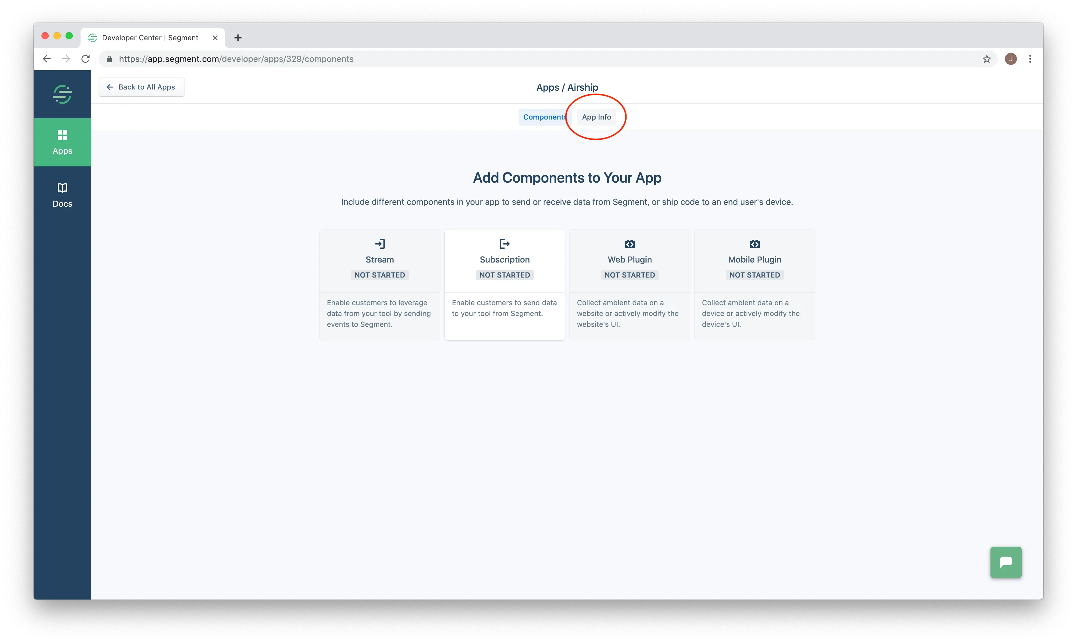 Add Stream, Subscription, Web Plugin, and Mobile Plugin, components to your app.