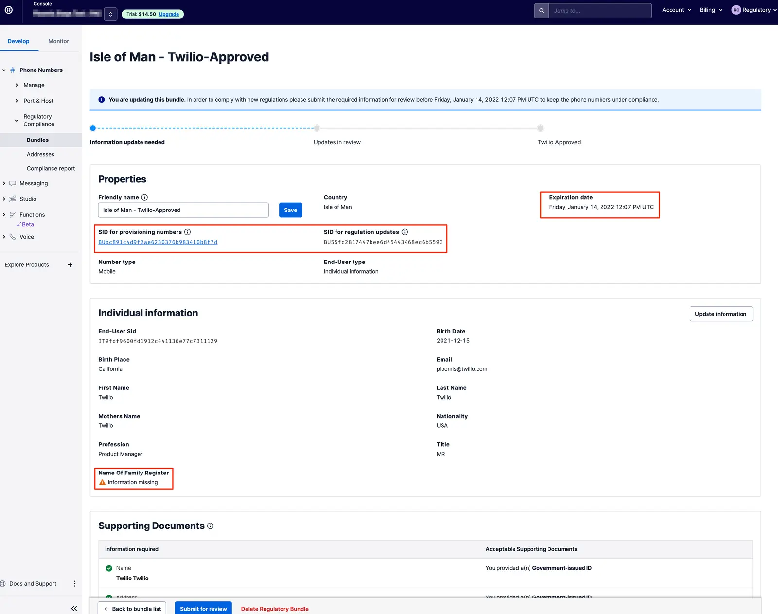 Example Twilio bundle details with expiration date, SID, and individual info; missing family register information indicated.