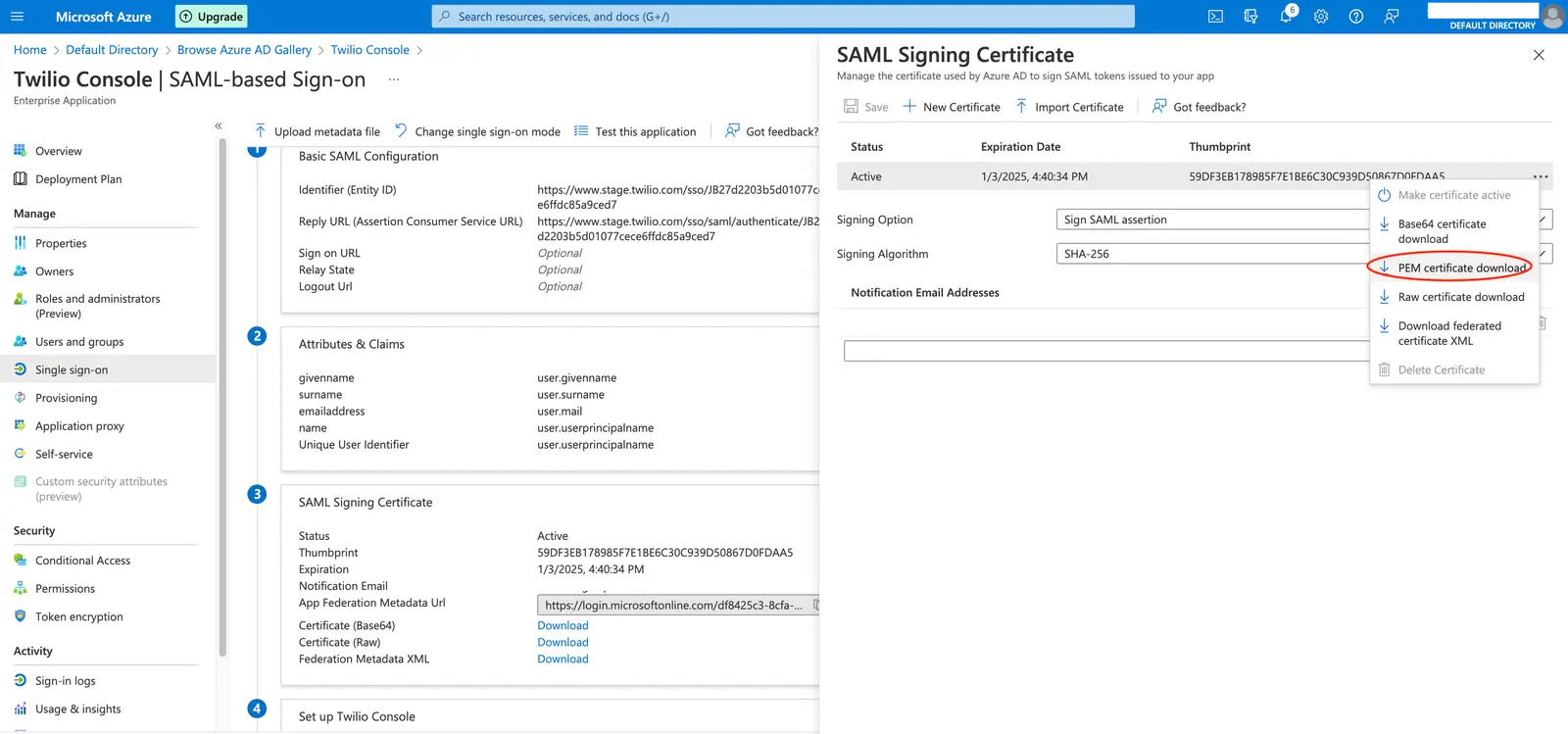 Azure AD SAML signing certificate management with PEM download option highlighted.