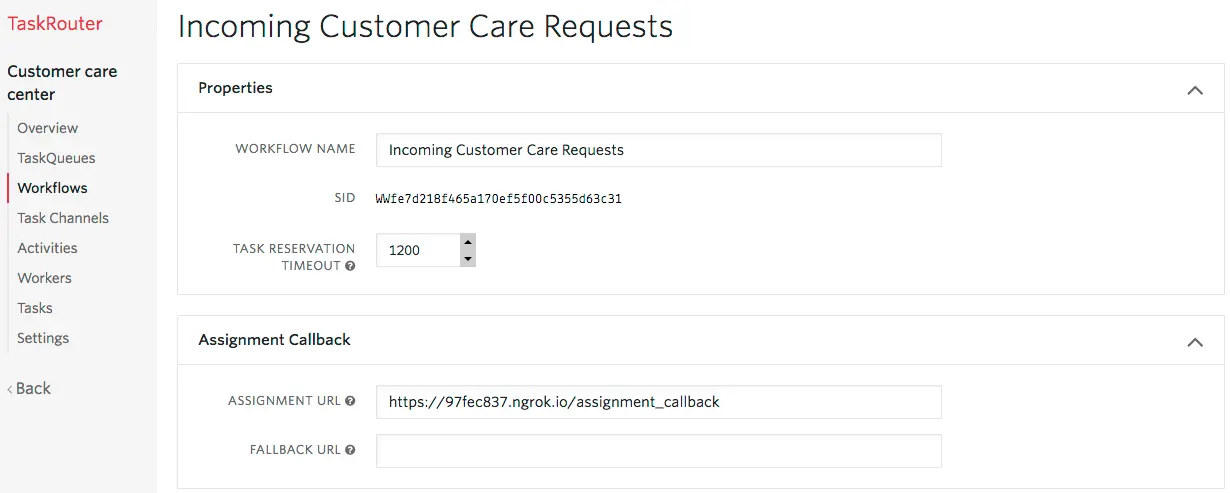 Workflow settings for Incoming Customer Care Requests with assignment callback URL.