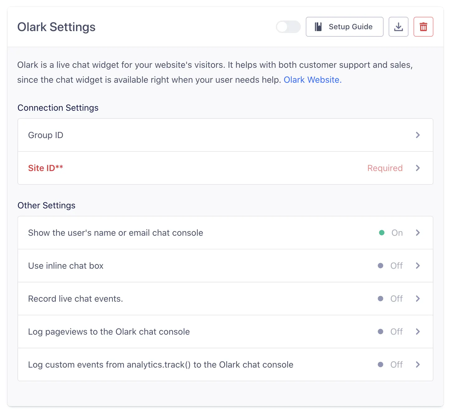 Olark UI with option to Record live chat events highlighted.