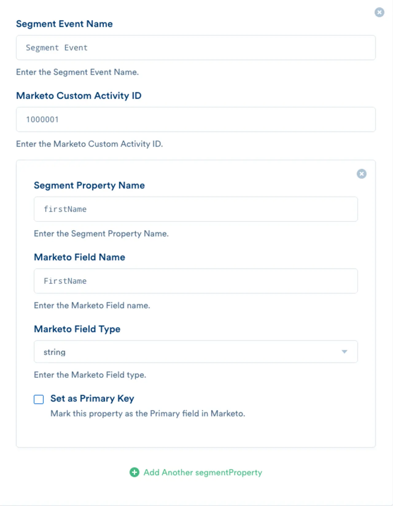 Segment settings for Marketo v2 with fields for event name, activity ID, and property details.
