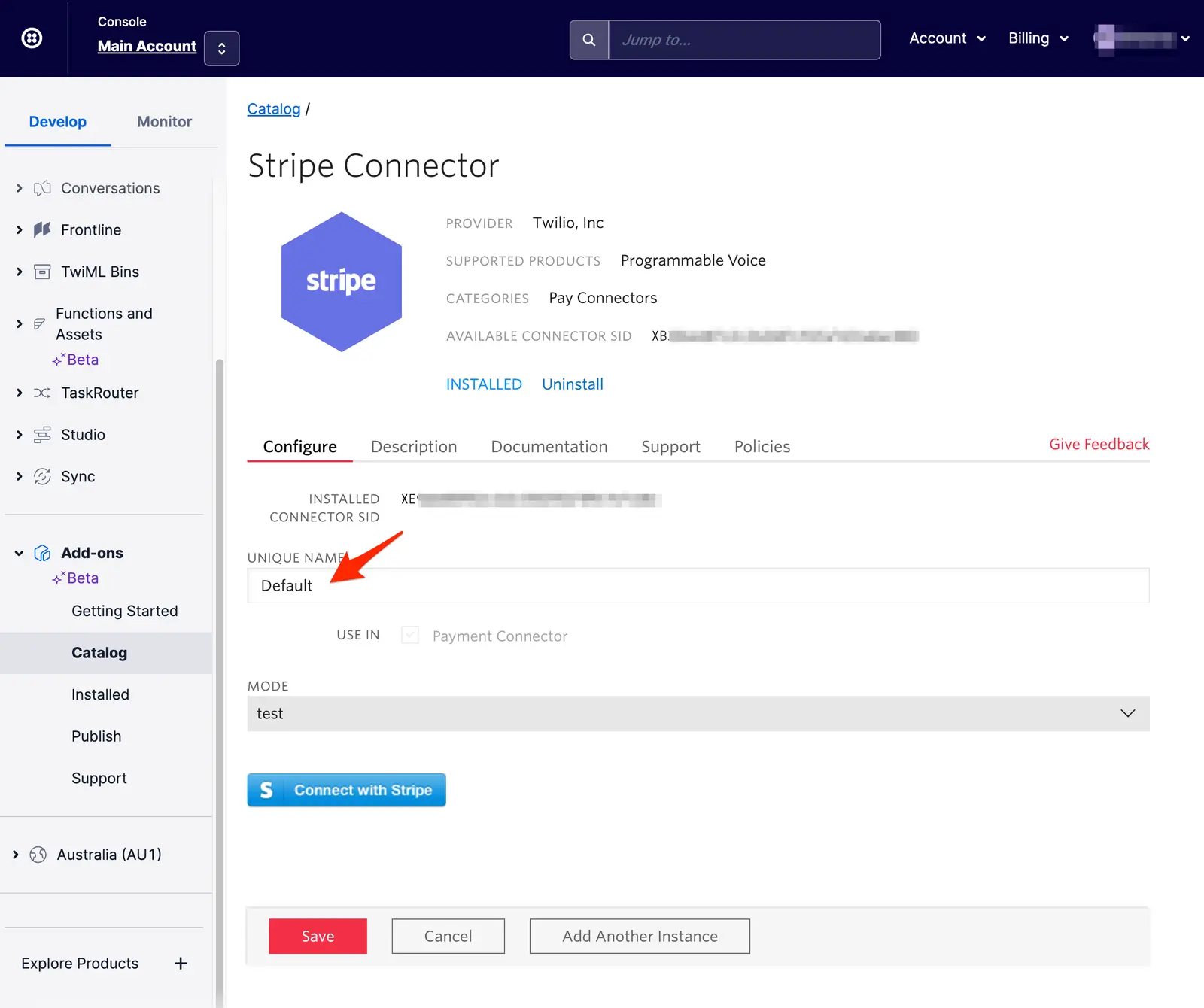 Stripe Connector page showing 'Default' as unique name under Configure tab.