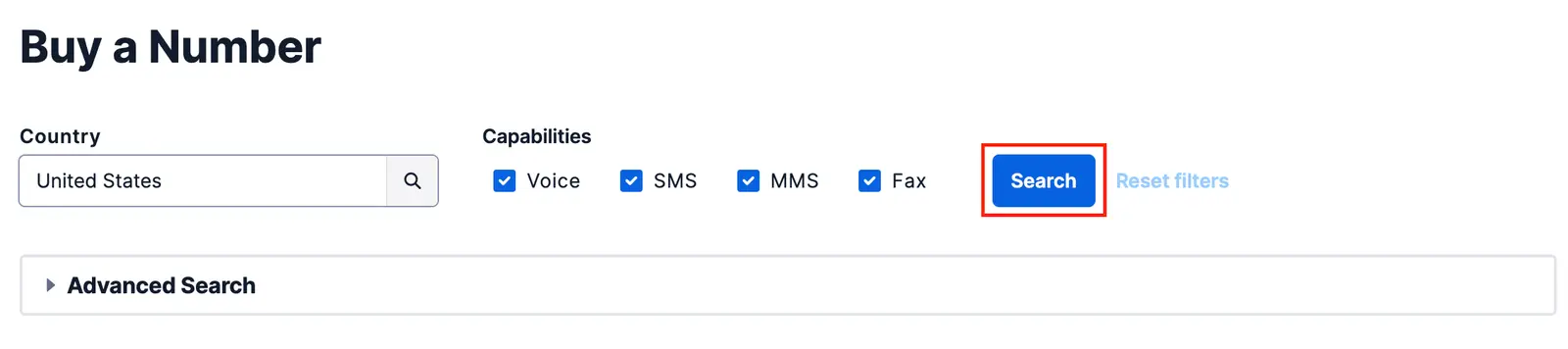 Buy a number interface with country selection and capabilities checkboxes, highlighting the Search button.