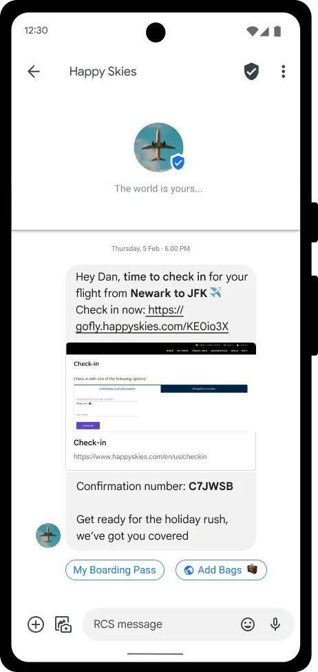 Android device showing an RCS message with a branded sender and dynamic content.