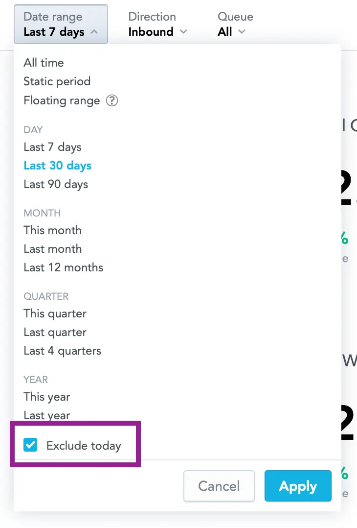 Date range filter with 'Last 30 days' selected and 'Exclude today' checkbox checked.