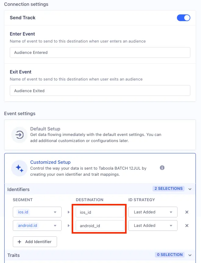 Customized Setup for LiveRamp Audiences with options to add identifiers and map traits.