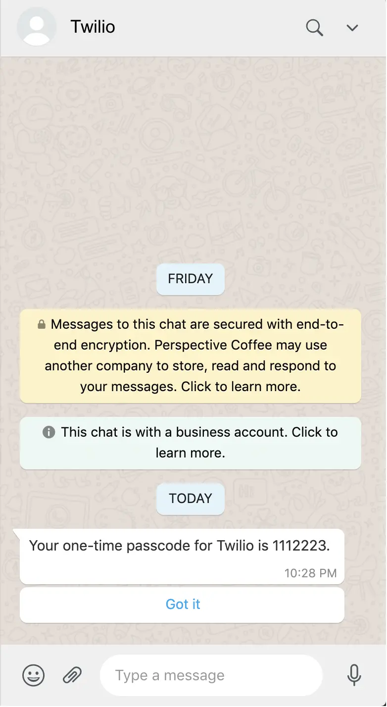 WhatsApp chat showing Twilio passcode 1112223 with encryption notice.