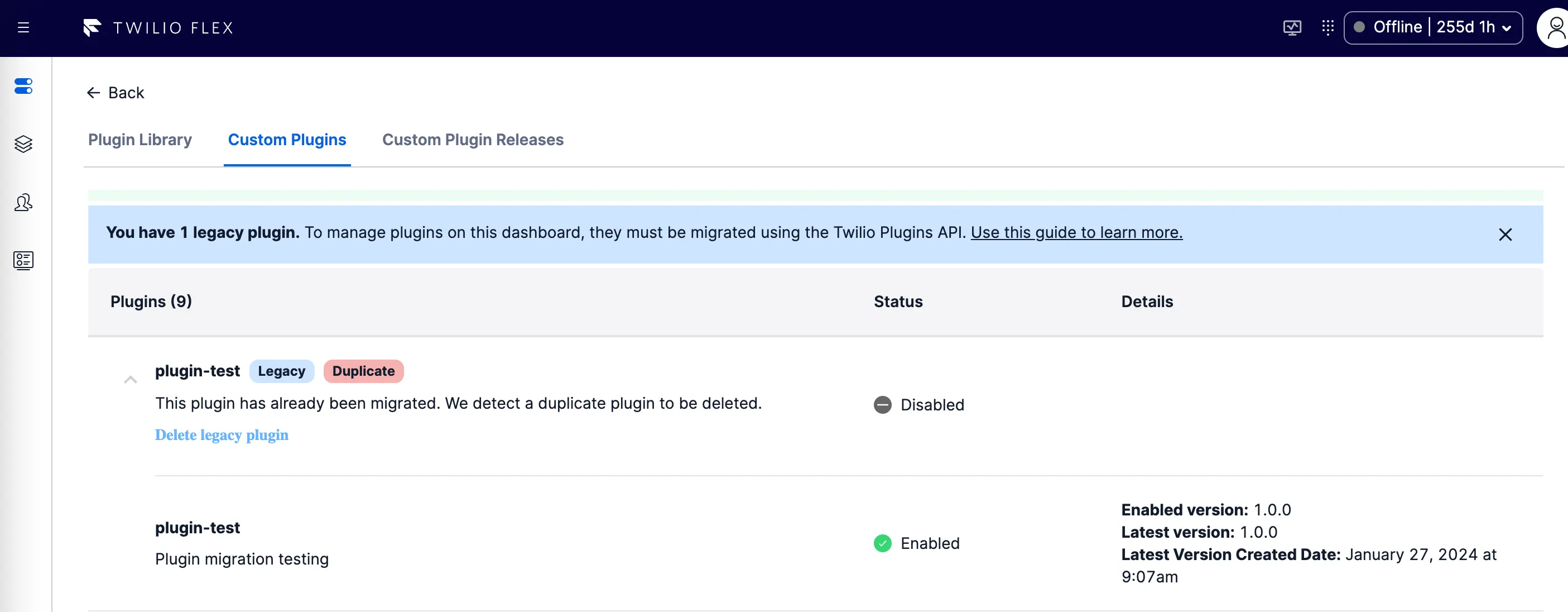 Custom plugins page showing a legacy plugin marked as Disabled and a duplicate notice.