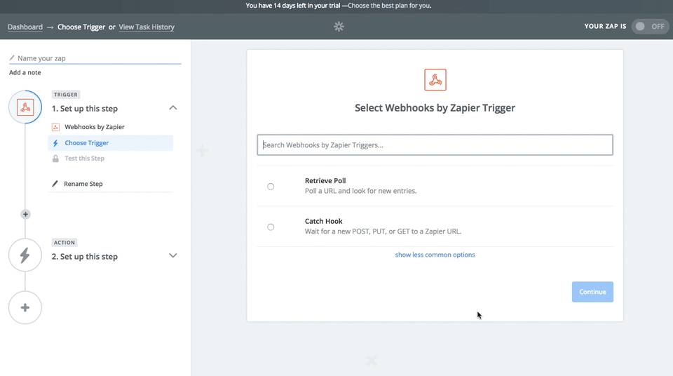 Animation showing someone select the Catch Raw Hook option on the Select Webhooks by Zapier Trigger page. .