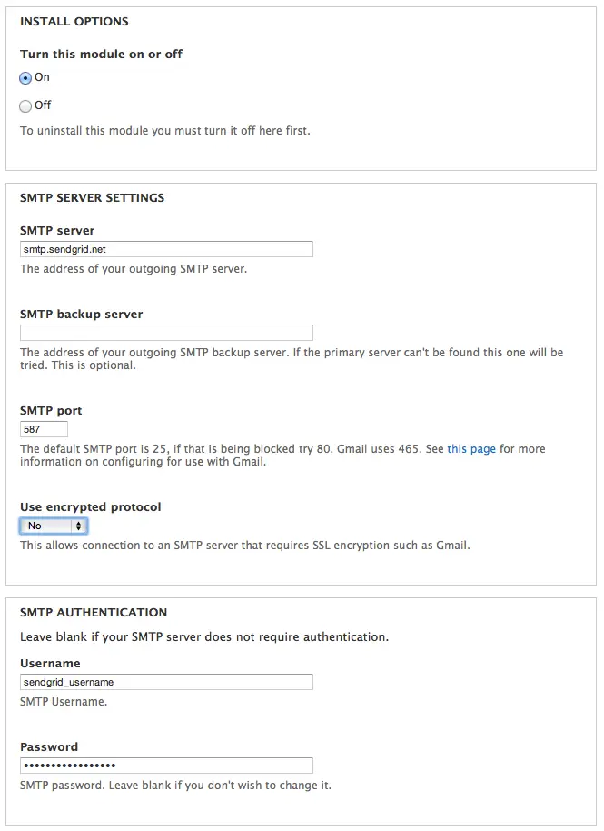 Drupal SMTP module configuration with server, port, encryption, and authentication settings.