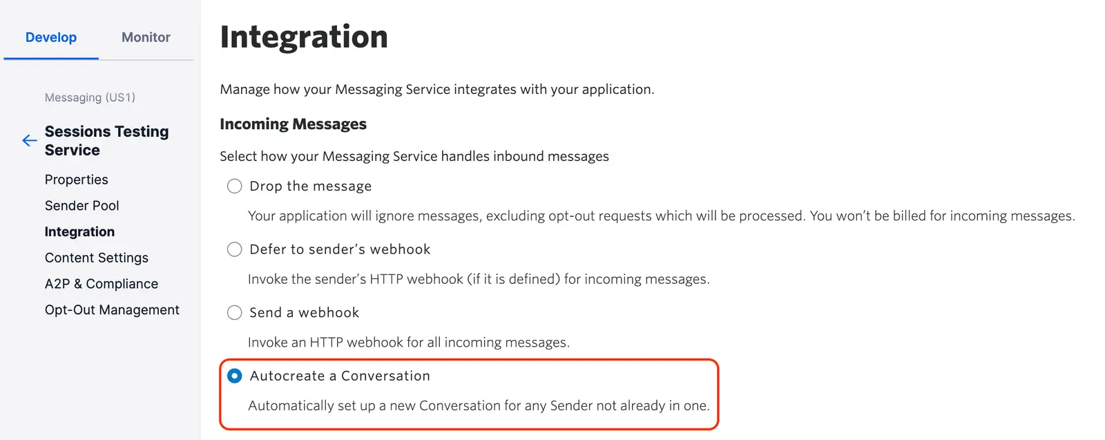 Autocreate a Conversation' selected for handling inbound messages in Messaging Service integration.