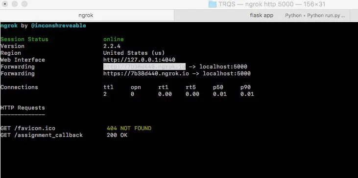 Ngrok session status online with highlighted forwarding URL.