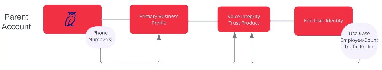 Flowchart of voice integrity with parent account, subaccounts, business profiles, and end user identity.