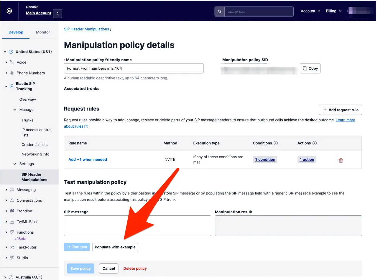 SIP header manipulations table showing policy names and associated SIP trunks with TestTrunk highlighted.