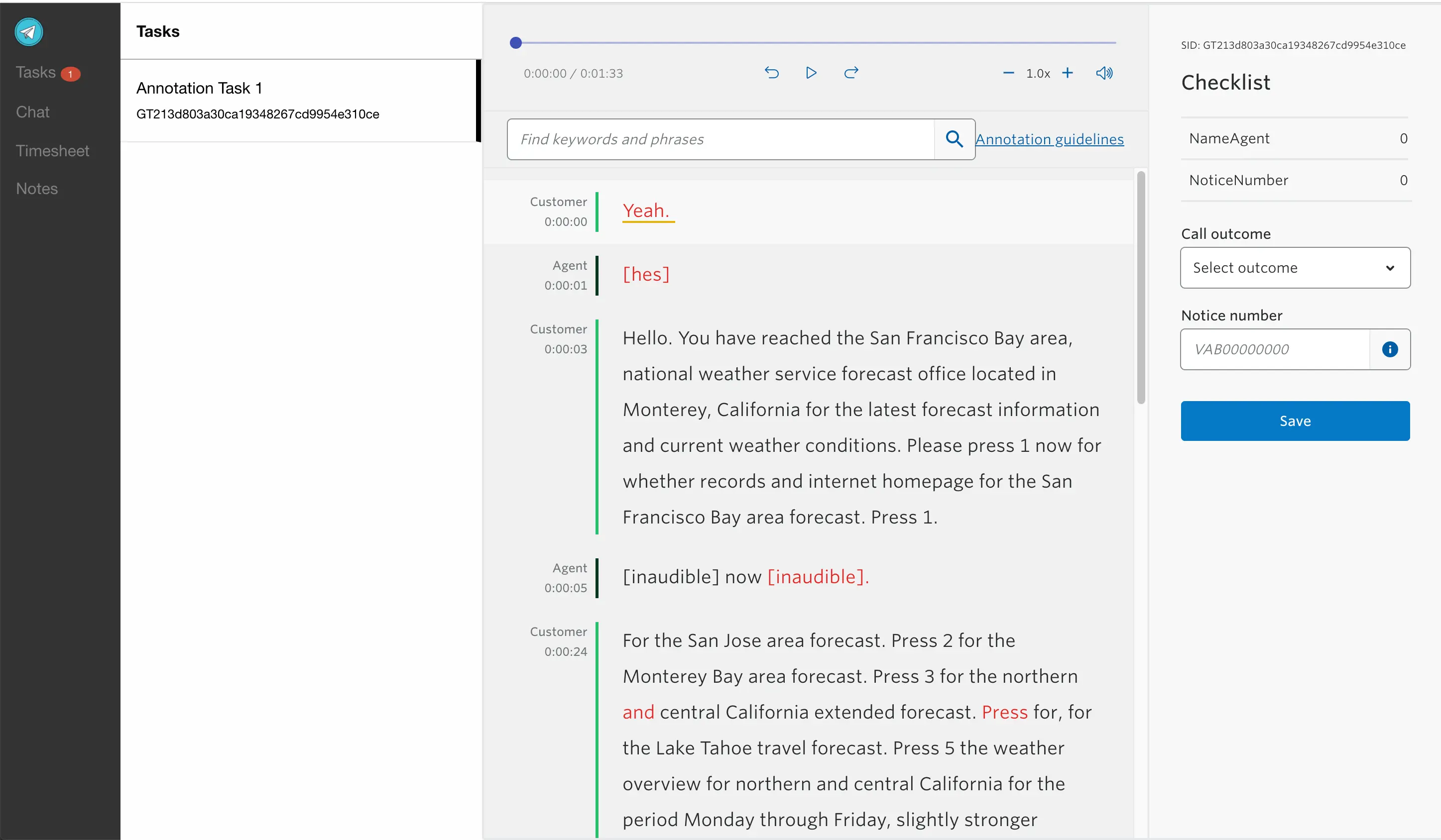 Transcription viewer showing a conversation with timestamps and checklist options.