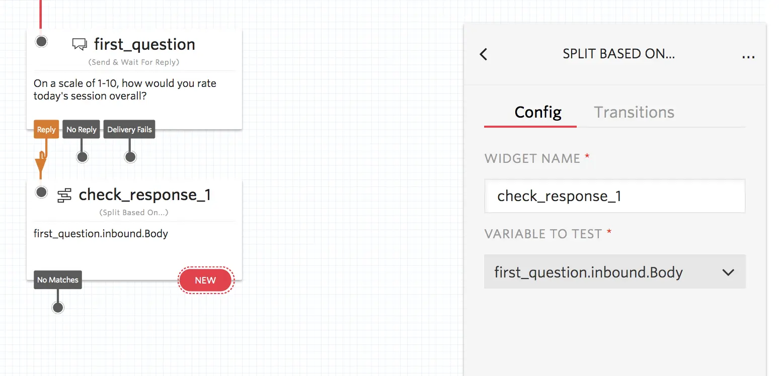 Flowchart showing a question node asking for a session rating, leading to a response check node.