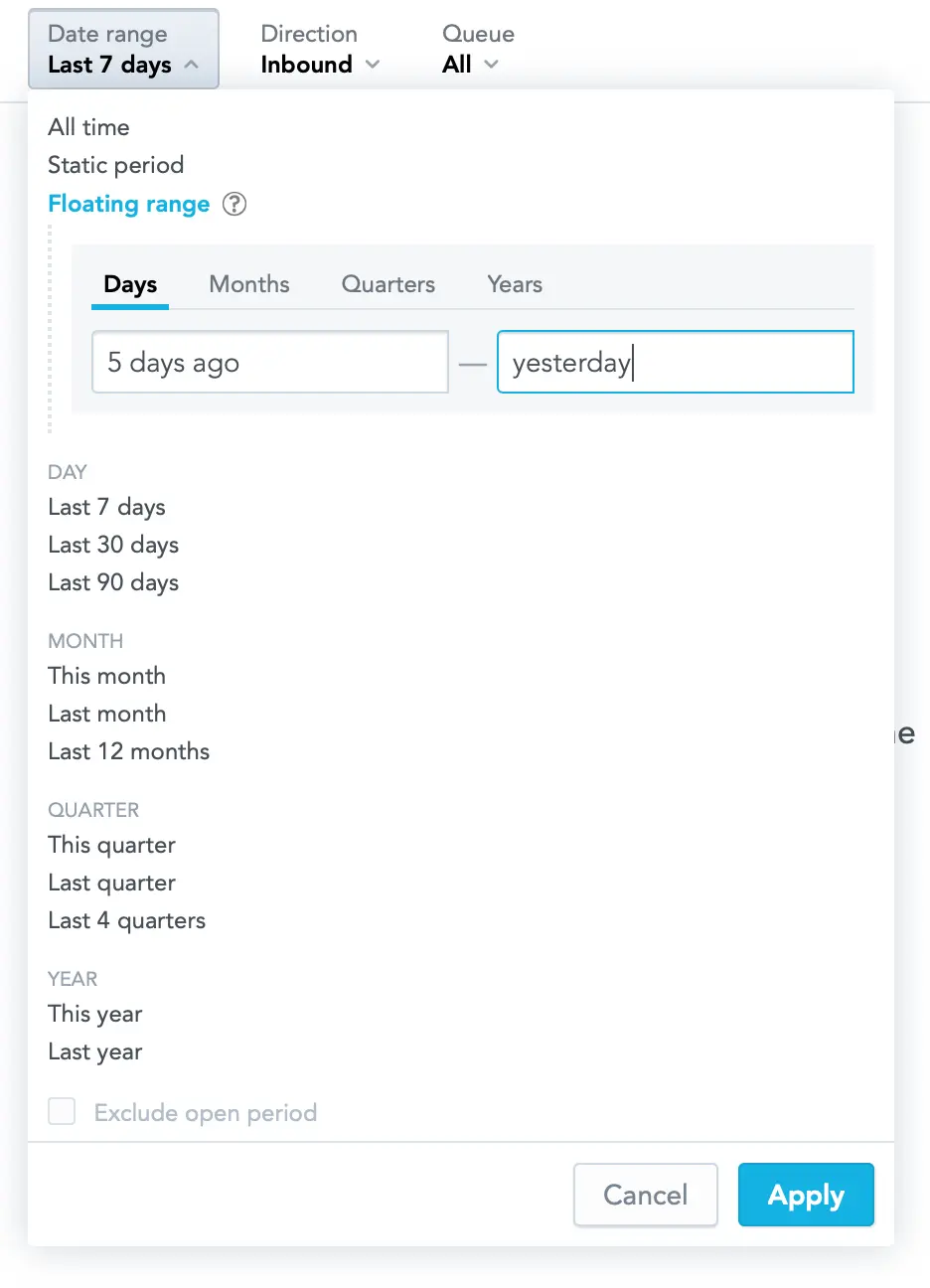 Date filter options with floating range from 5 days ago to yesterday.