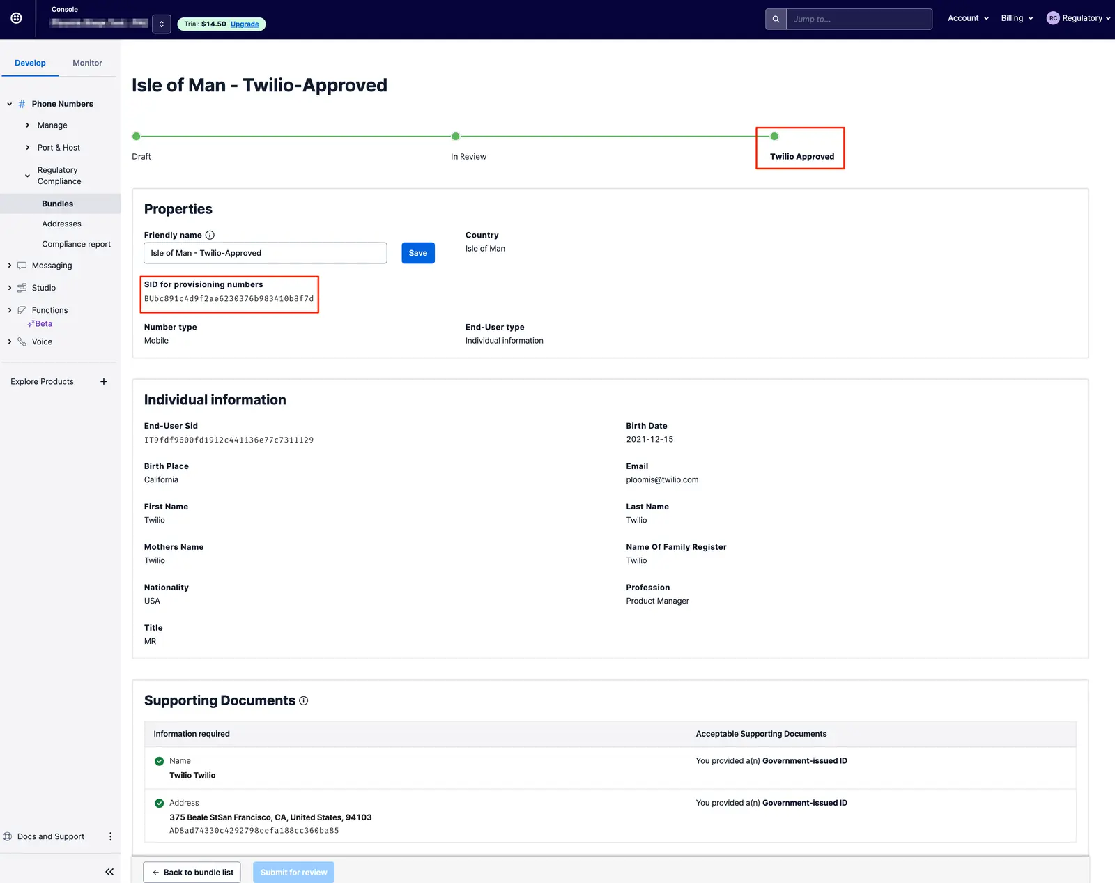 Example Twilio-approved bundle with provisioning SID, individual information, and supporting documents listed.
