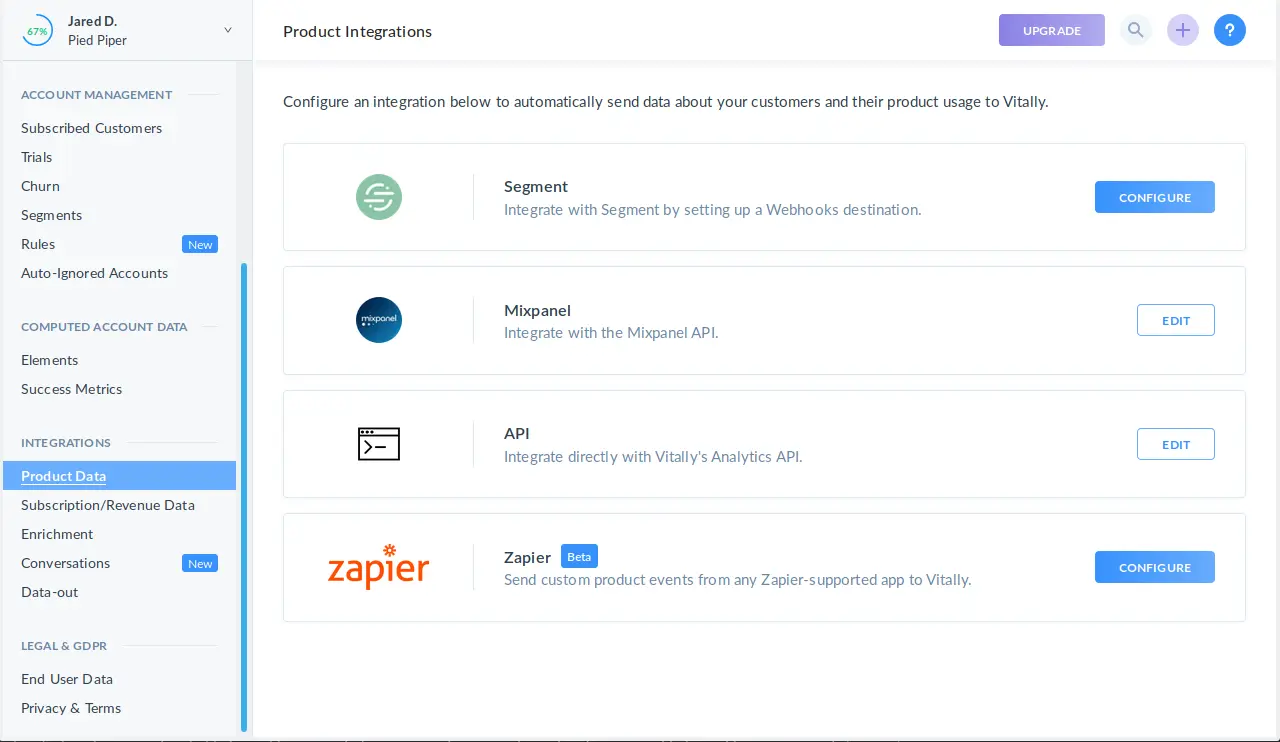 Vitally Product Integrations page with options for Segment, Mixpanel, API, and Zapier.