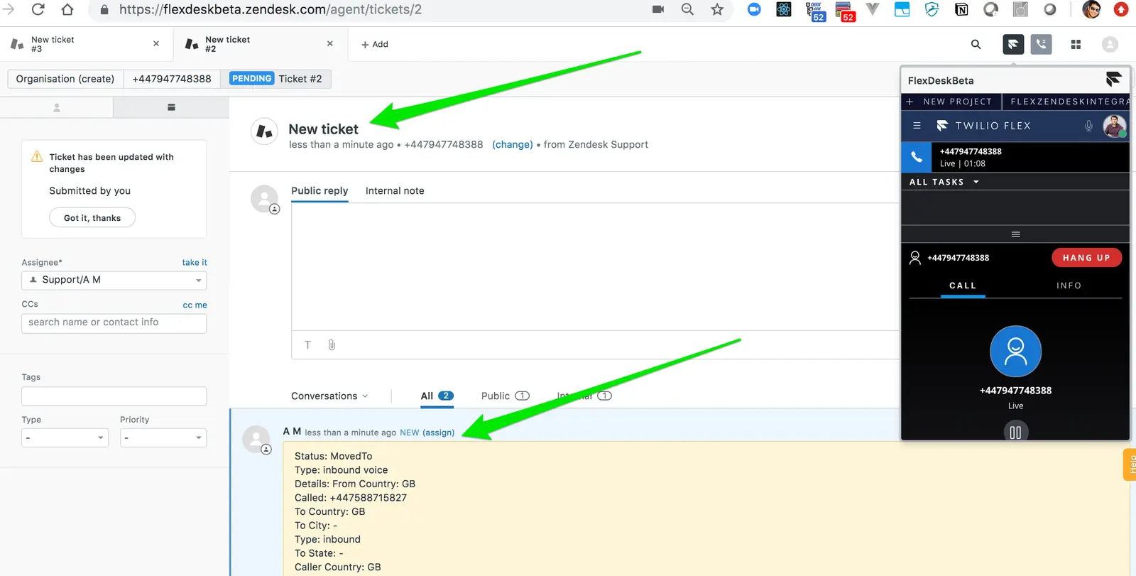 Zendesk interface showing new ticket with Twilio Flex call in progress.