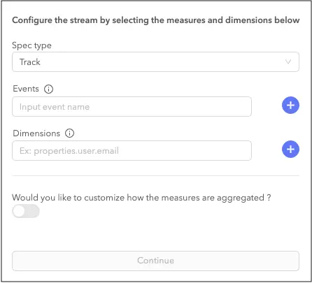 Cliff data stream configuration page with event name, dimensions, and aggregation toggle.
