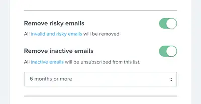 Options to remove risky and inactive emails with toggle switches.