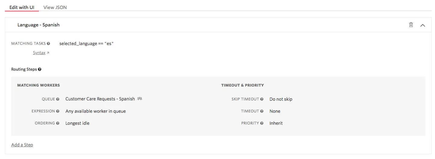 Filter for Spanish language tasks with routing steps and worker matching details.