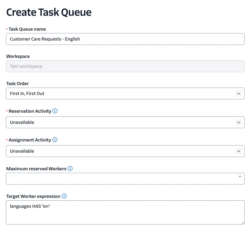 Create Task Queue form with fields for name, workspace, task order, and worker expression.