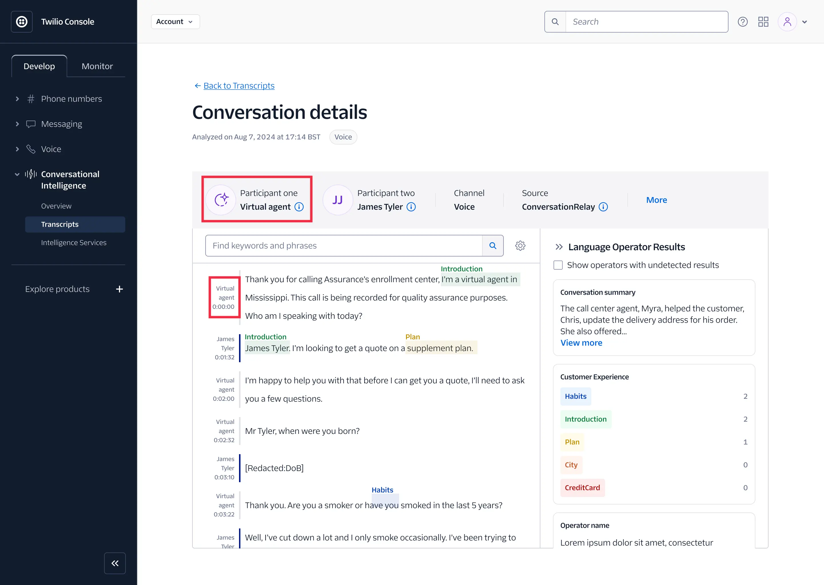 Conversation details showing a transcript with a virtual agent and James Tyler.