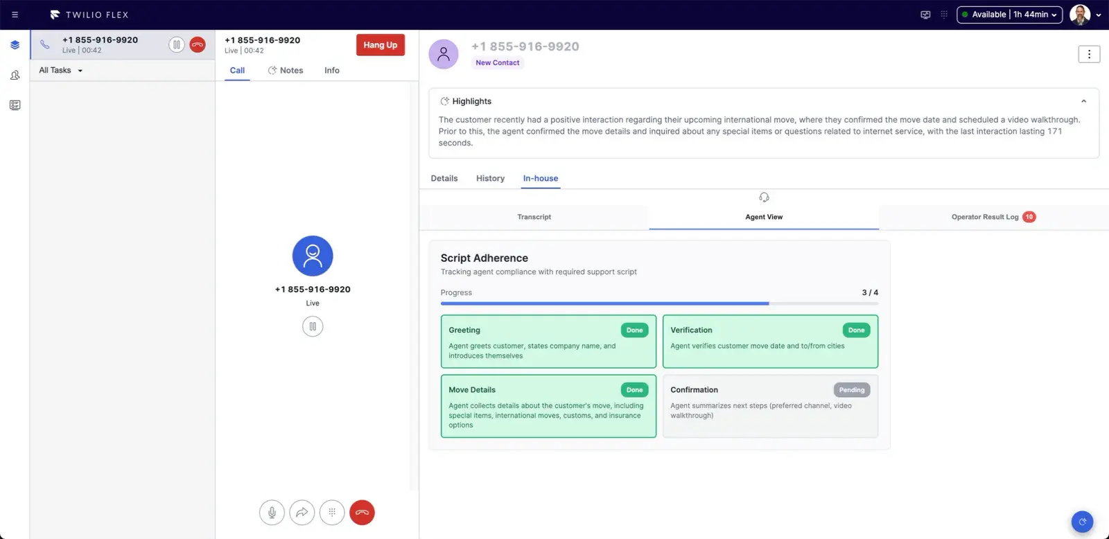 A screenshot of the Flex plugin displaying live agent assistance