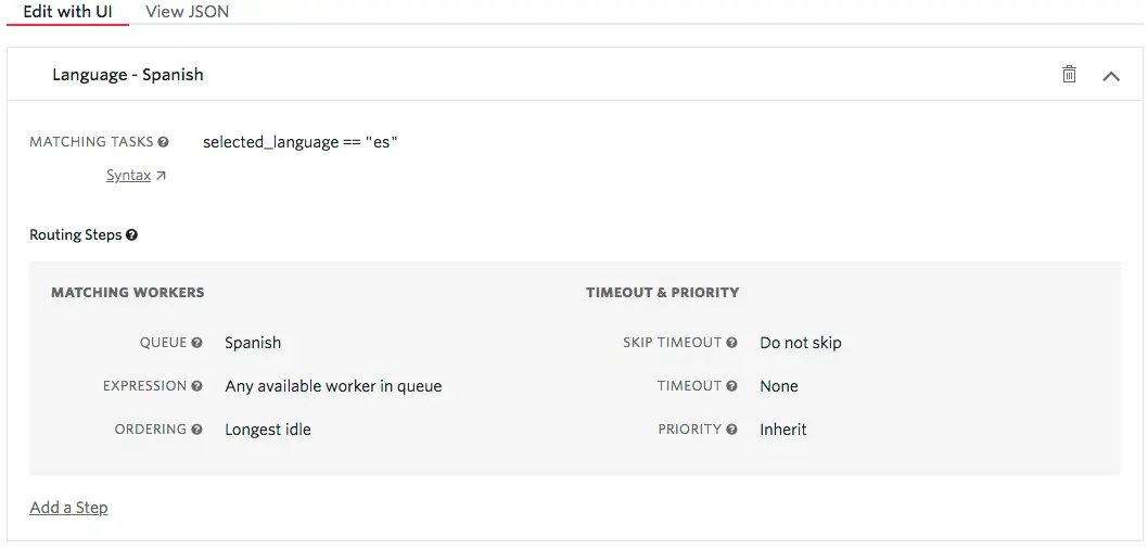 Routing configuration for Spanish tasks with longest idle worker priority.