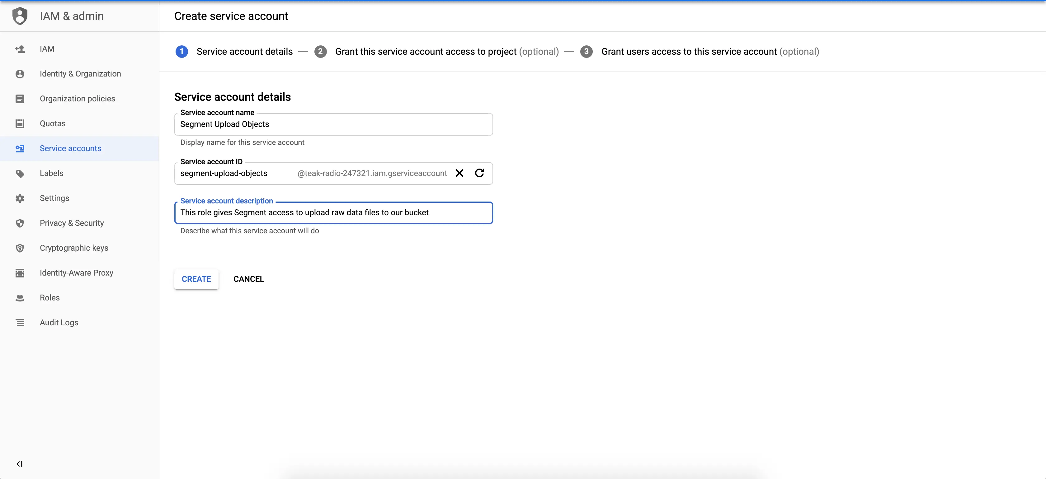 Google Cloud service account setup with roles and key creation options.