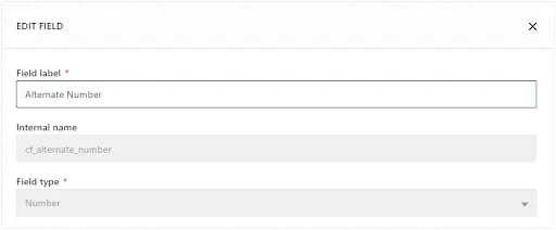 Freshsales Edit field for alternate number with label, group, and field type options.