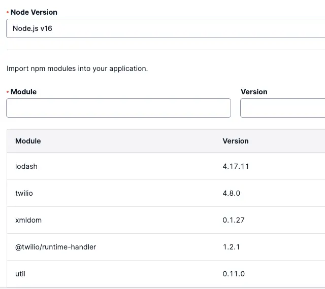 Node.js v16 with npm modules lodash, twilio, xmldom, runtime-handler, and util listed with versions.