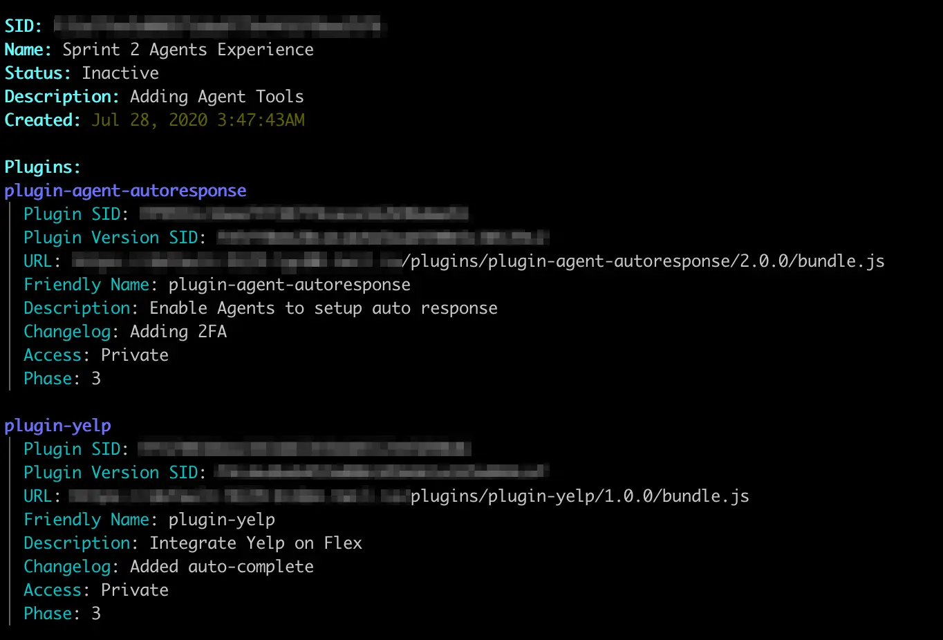 Configuration details for Sprint 2 Agents Experience with plugins for autoresponse and Yelp integration.