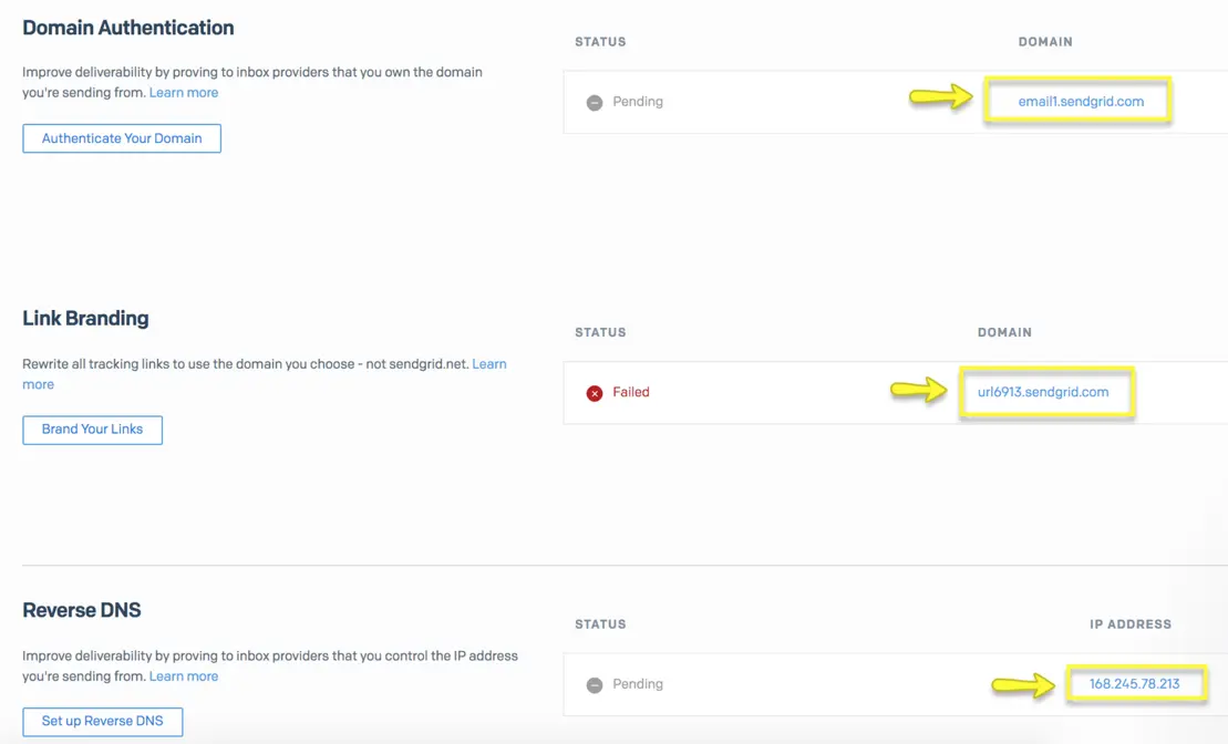 DNS records showing email1.sendgrid.com pending, url6913.sendgrid.com failed, IP 168.245.78.213 pending.