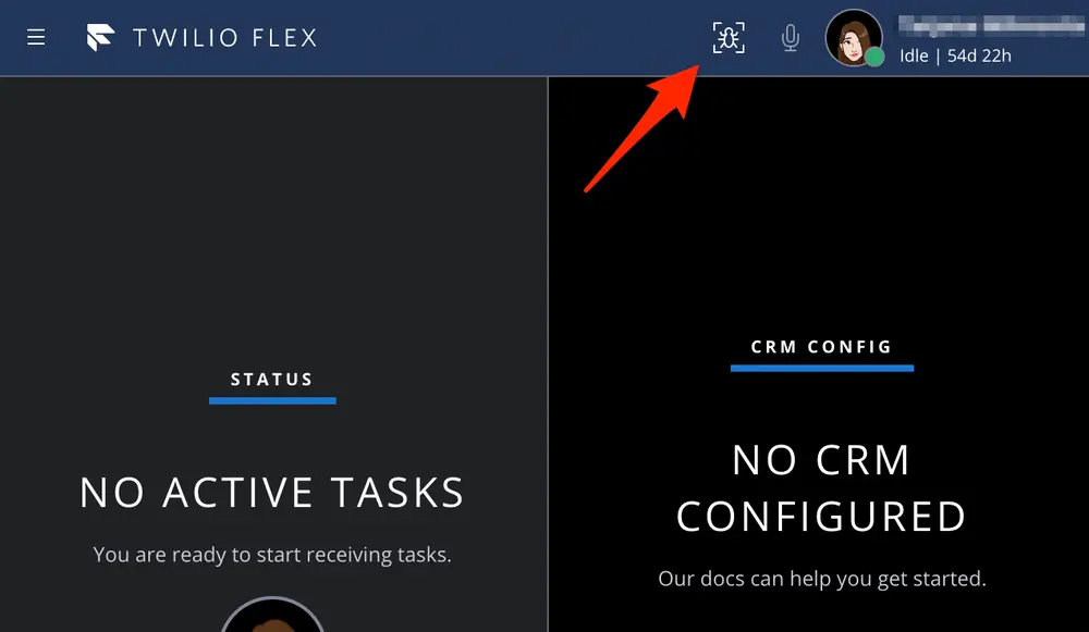 Twilio Flex UI showing no active tasks and no CRM configured with user idle status.