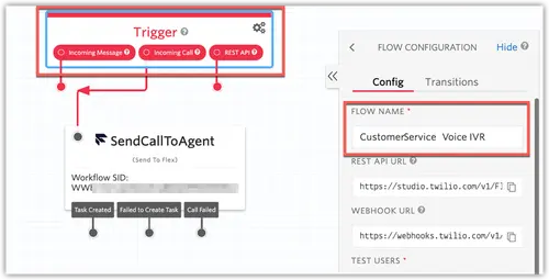 Studio flow showing trigger for incoming message, call, and REST API with SendCallToAgent step.