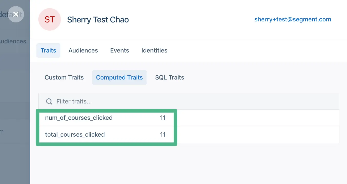 Profile showing computed traits with courses clicked count as 11.
