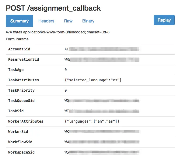 Ngrok POST request log showing assignment callback with form parameters including AccountSid and TaskAttributes.