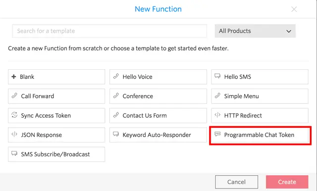 New function template selection with Programmable Chat Token highlighted.